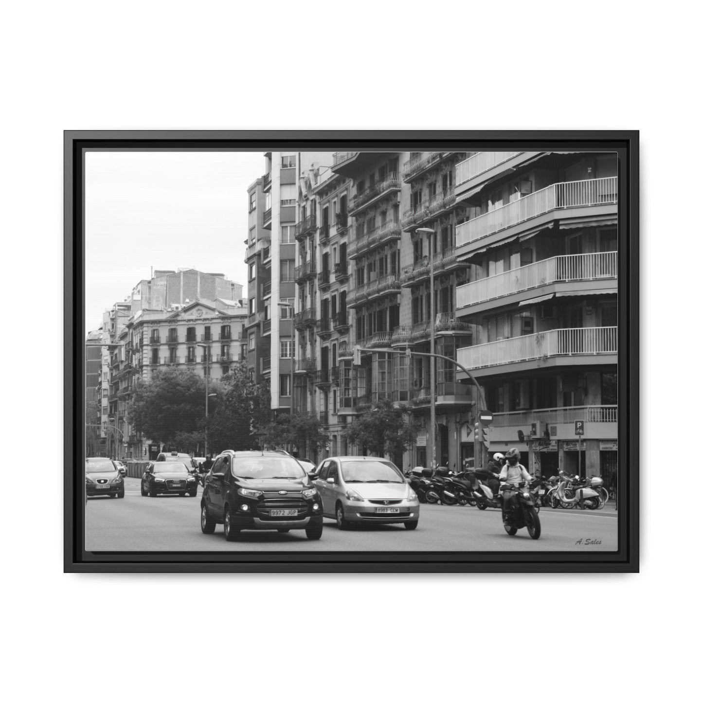 Eixample Street Barcelona, Matte Canvas, Black Frame