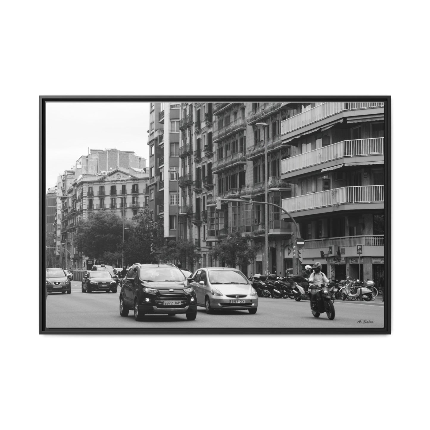 Eixample Street Barcelona, Matte Canvas, Black Frame
