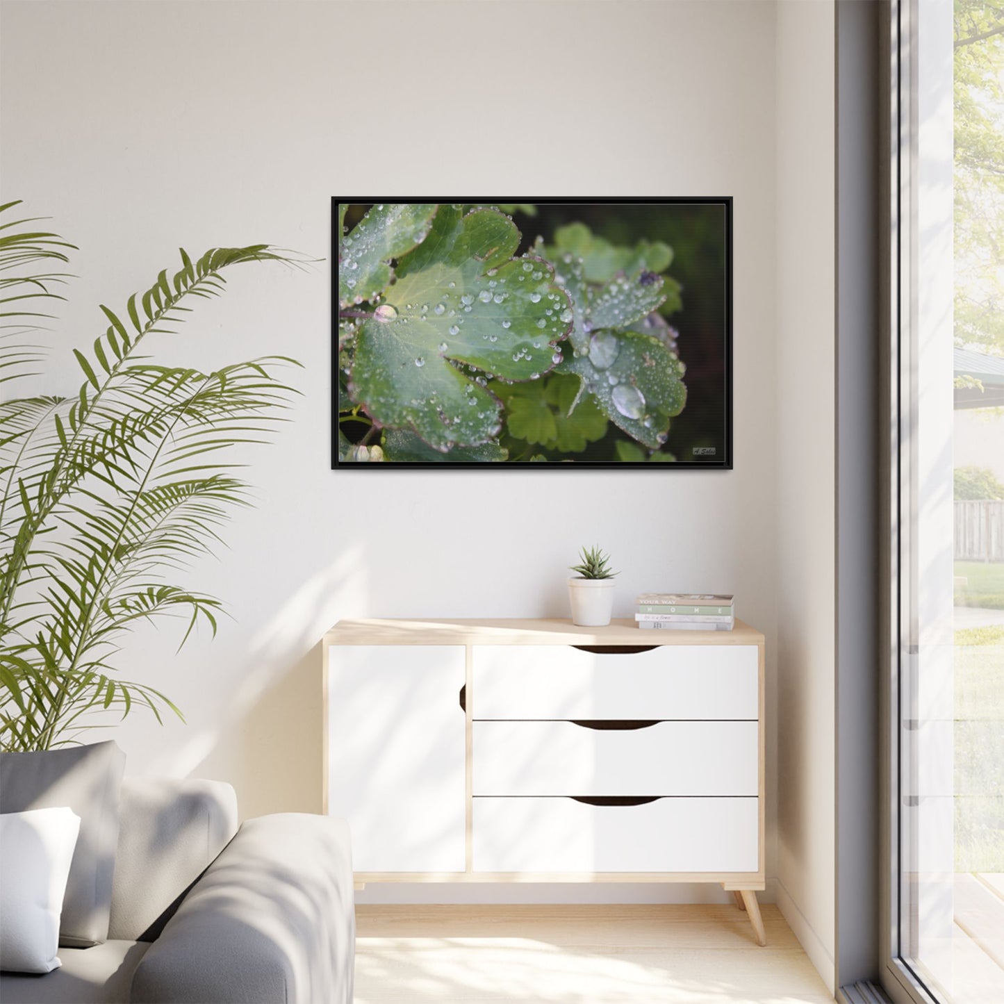 Water and Leaves, Matte Canvas, Black Frame