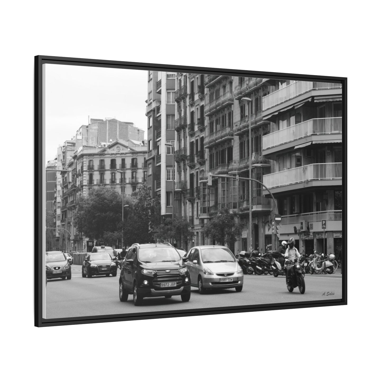 Eixample Street Barcelona, Matte Canvas, Black Frame