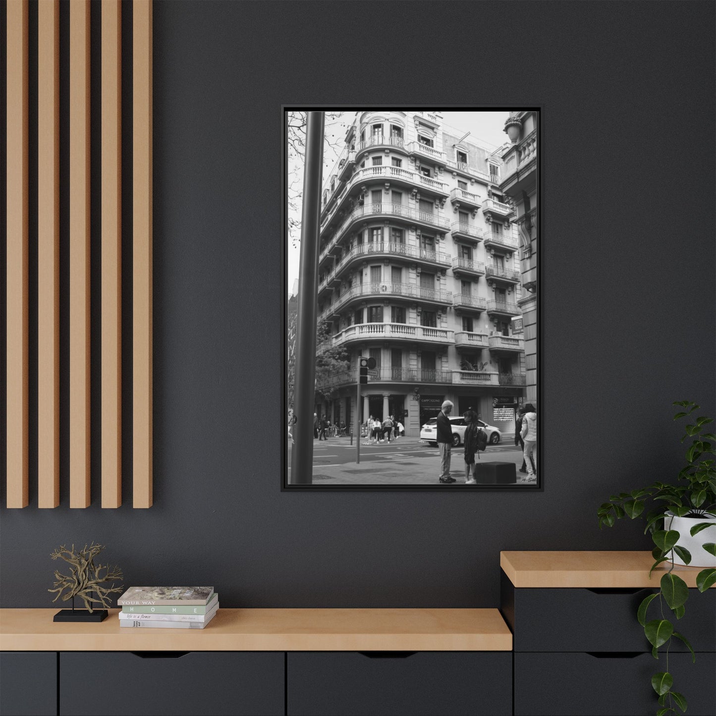 Street Corner Madrid, Matte Canvas, Black Frame