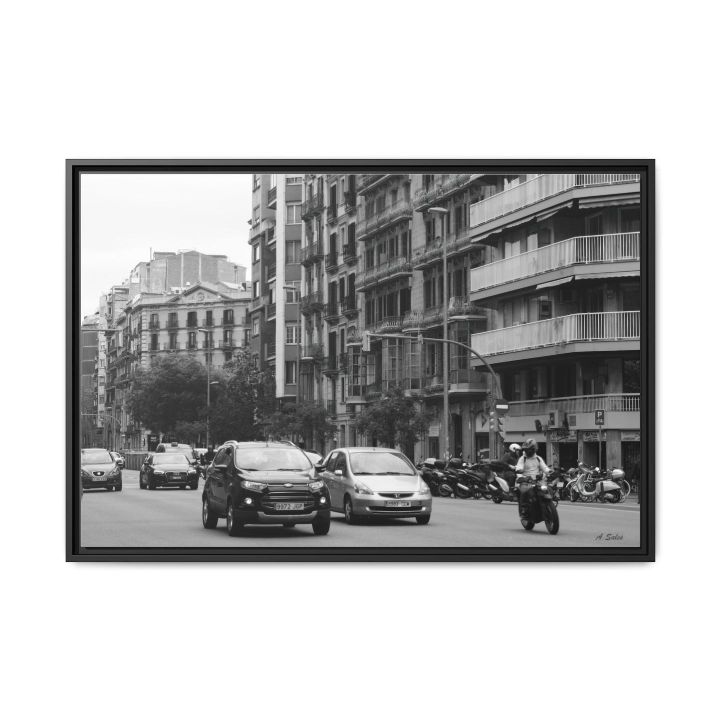 Eixample Street Barcelona, Matte Canvas, Black Frame