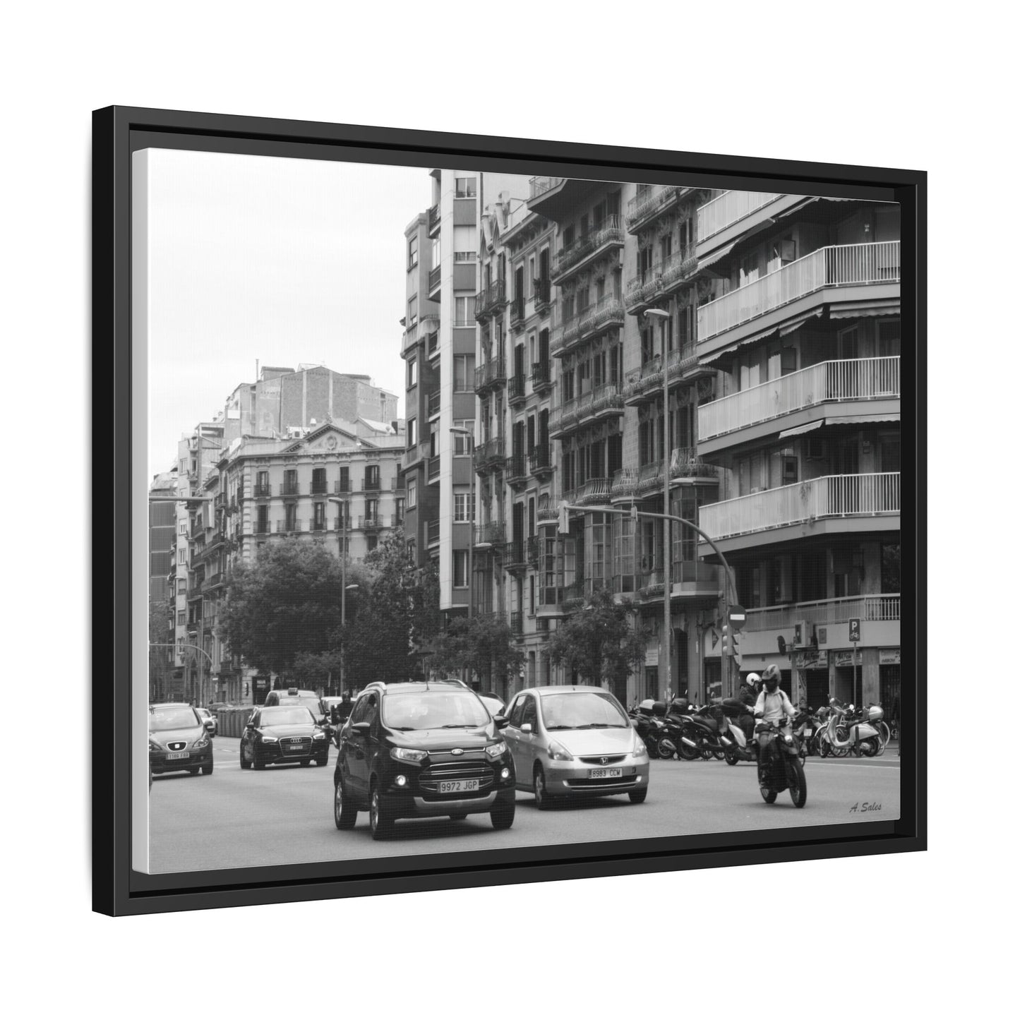 Eixample Street Barcelona, Matte Canvas, Black Frame