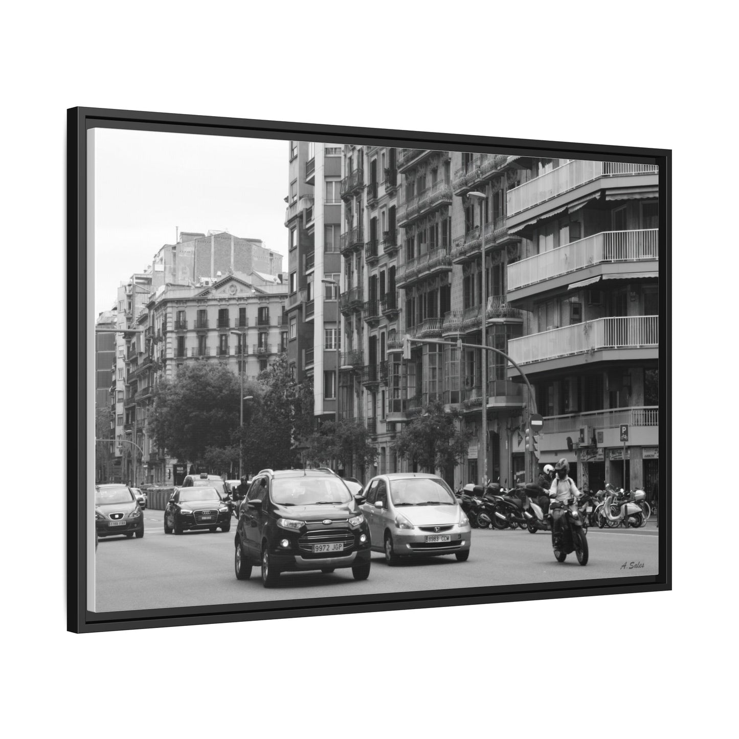 Eixample Street Barcelona, Matte Canvas, Black Frame