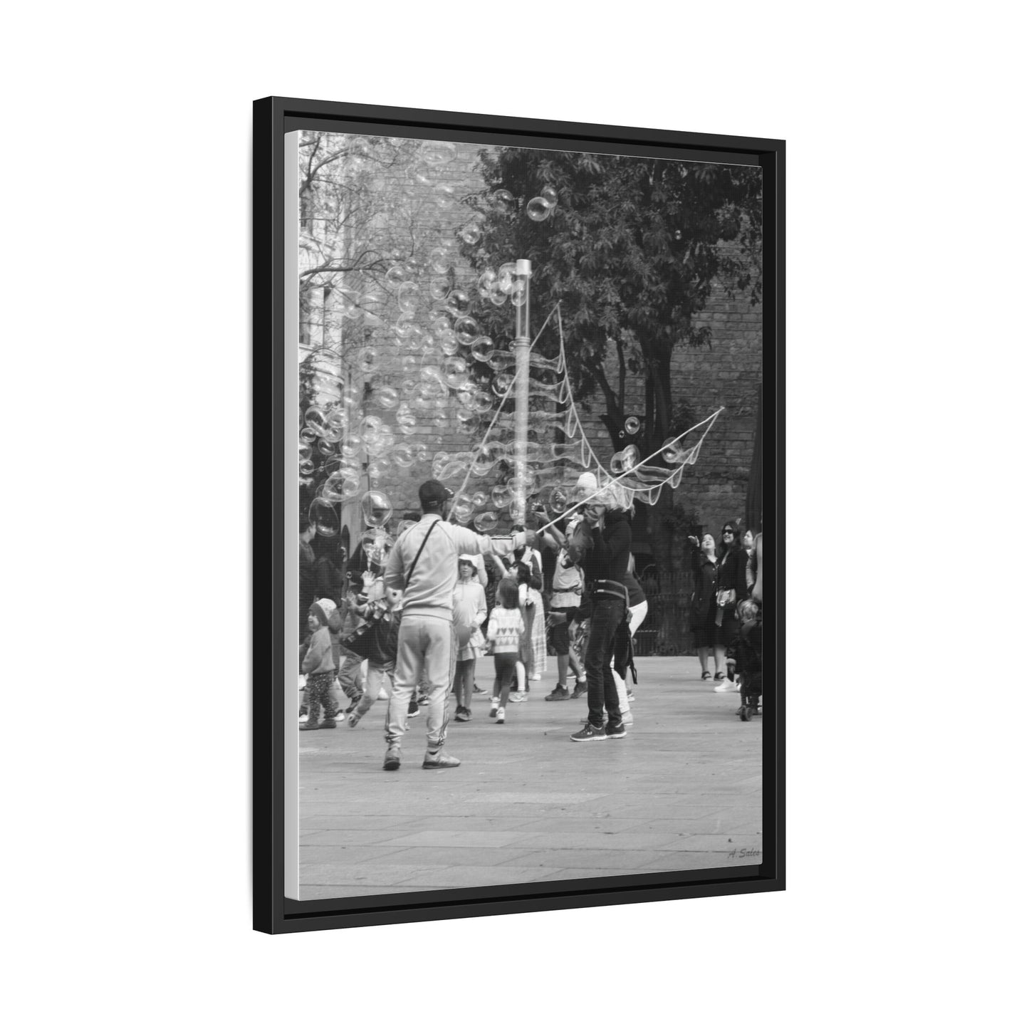 Bubbles in Square Barcelona, Matte Canvas, Black Frame