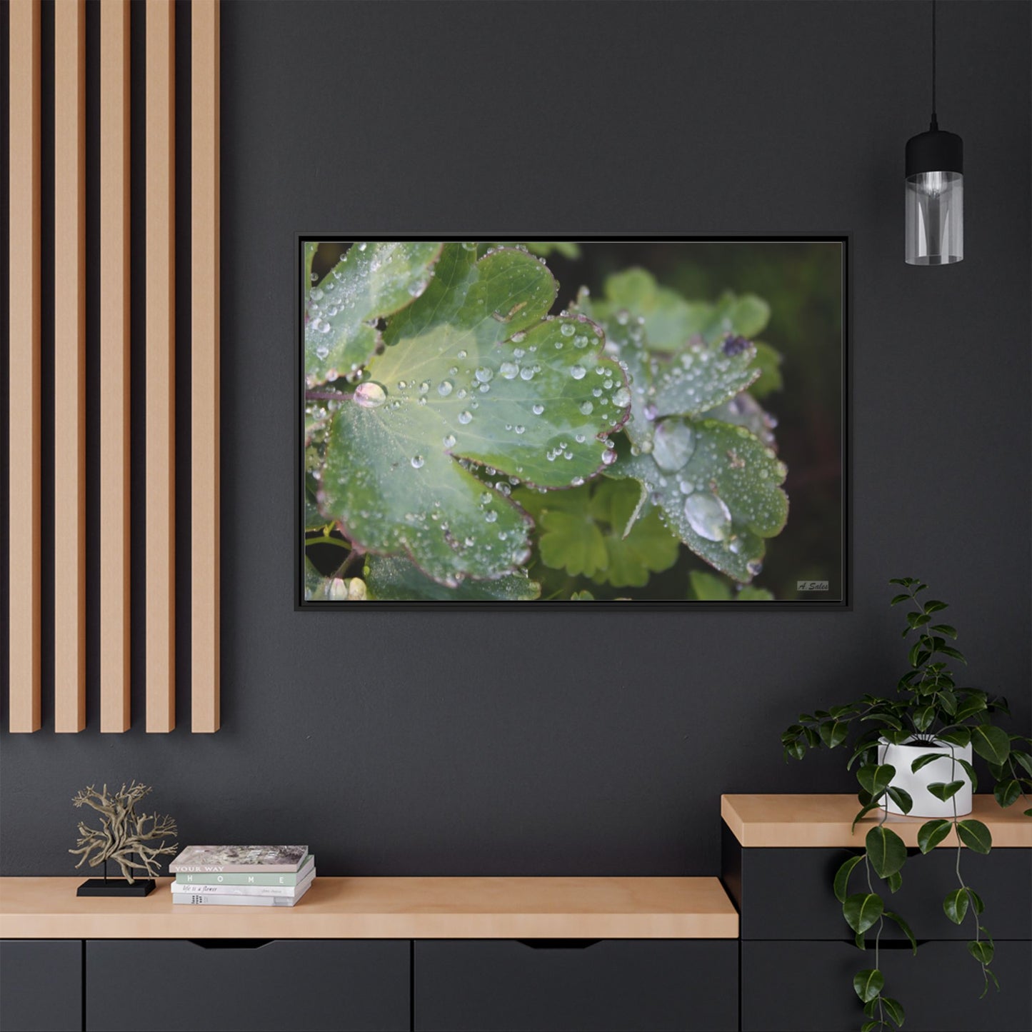 Water and Leaves, Matte Canvas, Black Frame