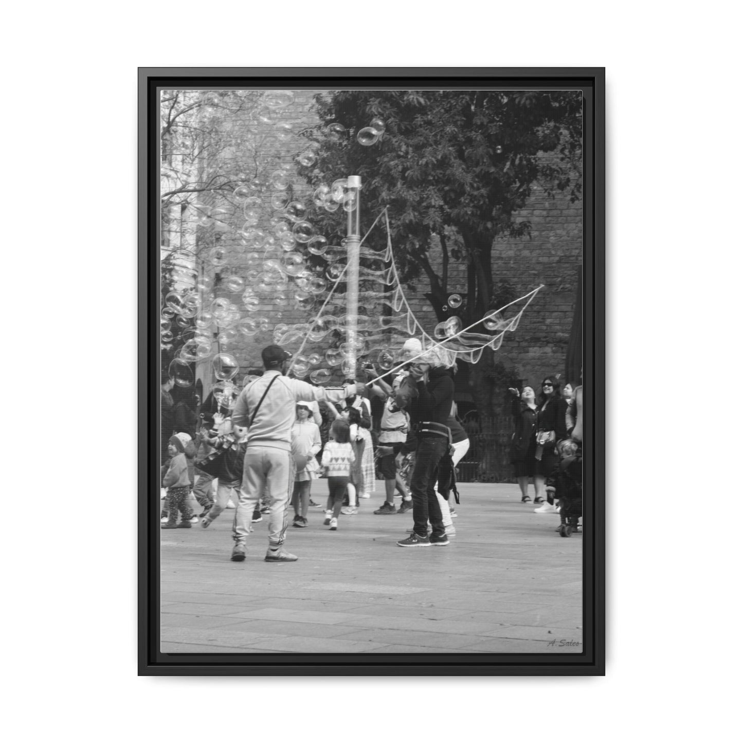 Bubbles in Square Barcelona, Matte Canvas, Black Frame
