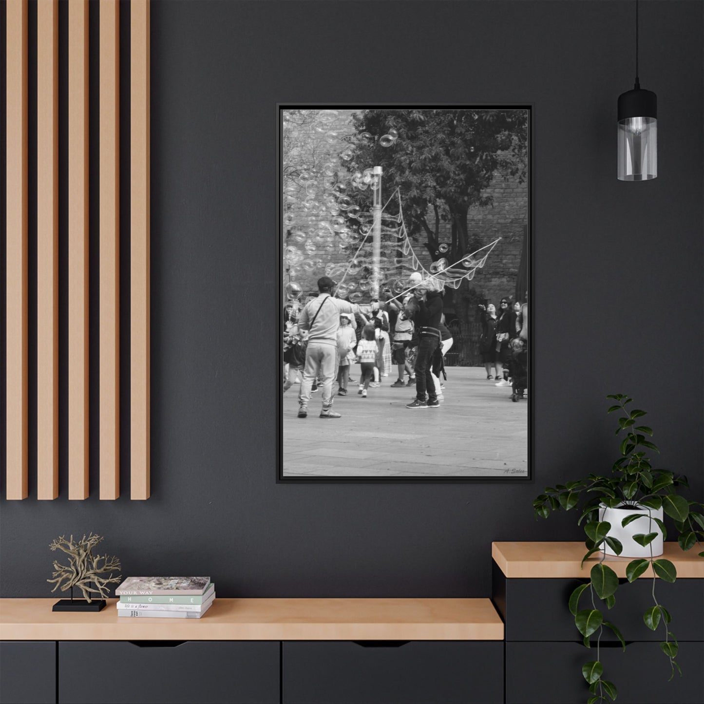 Bubbles in Square Barcelona, Matte Canvas, Black Frame
