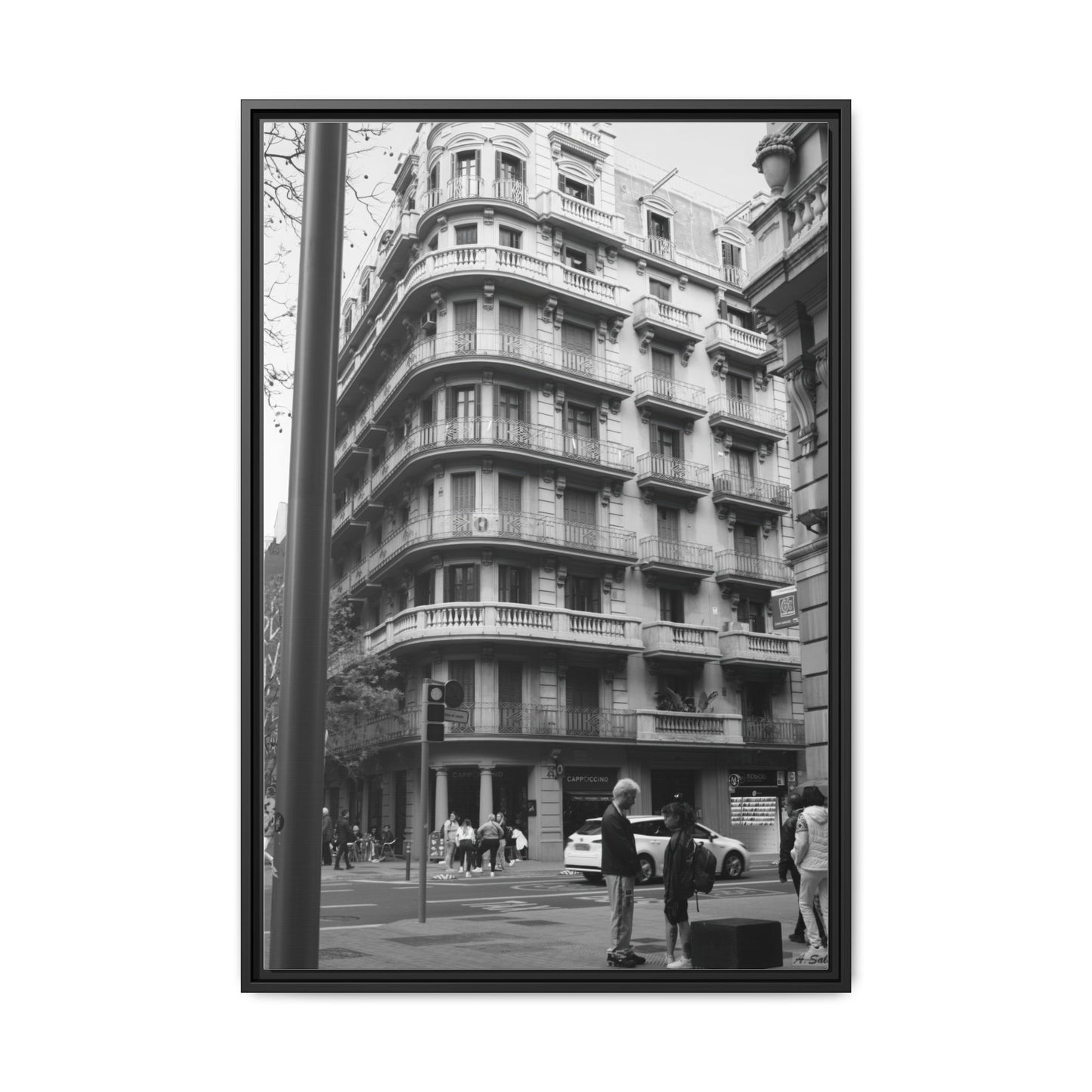 Street Corner Madrid, Matte Canvas, Black Frame