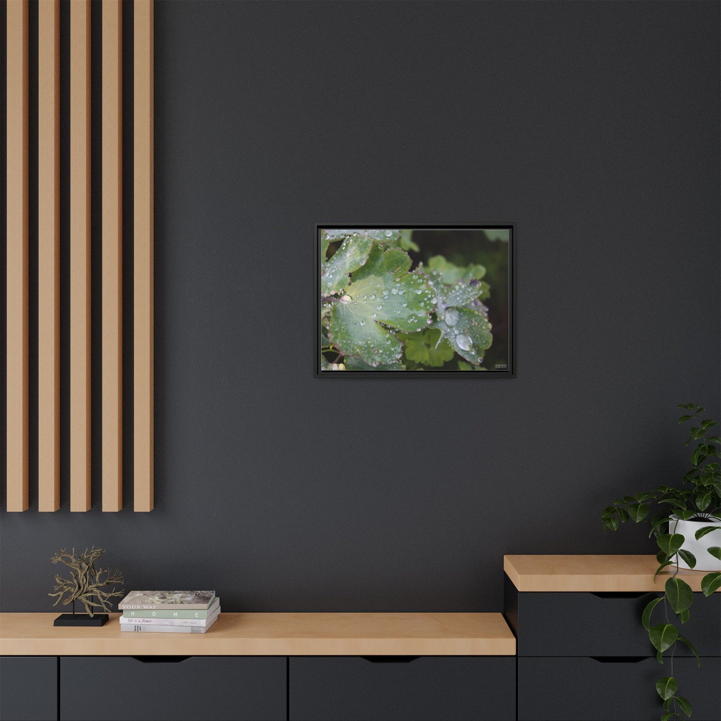 Water and Leaves, Matte Canvas, Black Frame