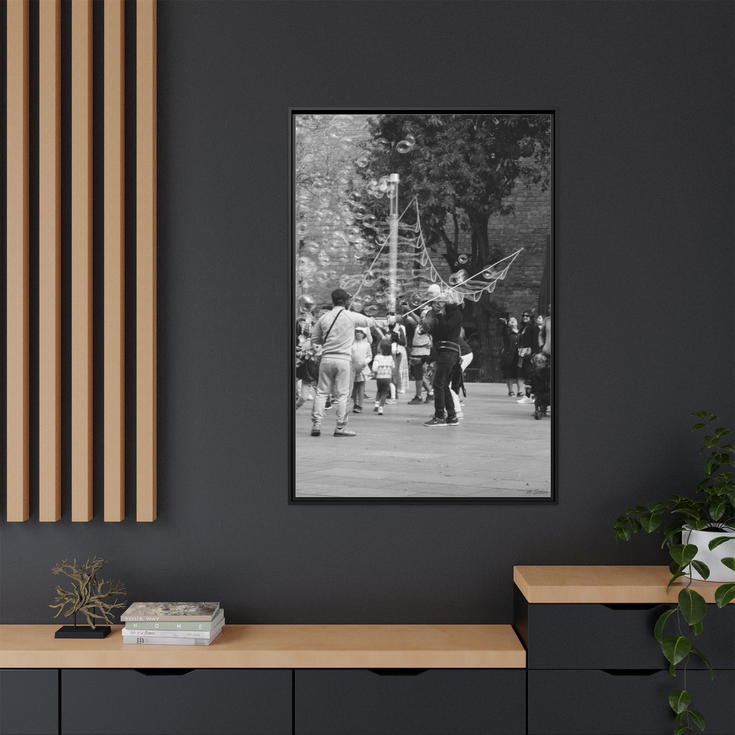 Bubbles in Square Barcelona, Matte Canvas, Black Frame