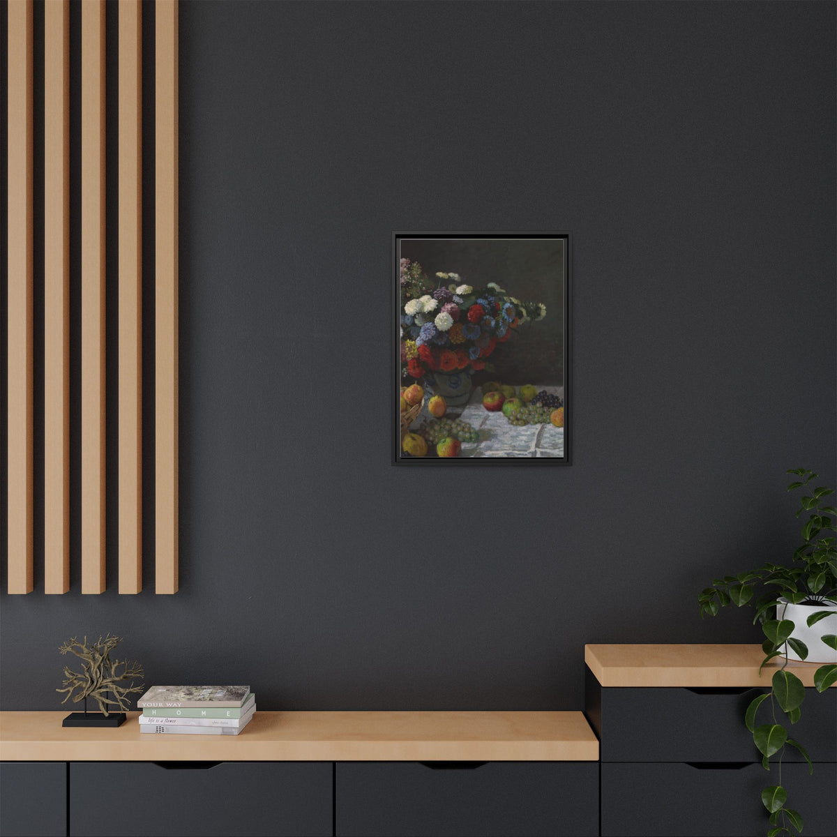 Still Life with Flowers and Fruit - Monet, Matte Canvas, Black Frame