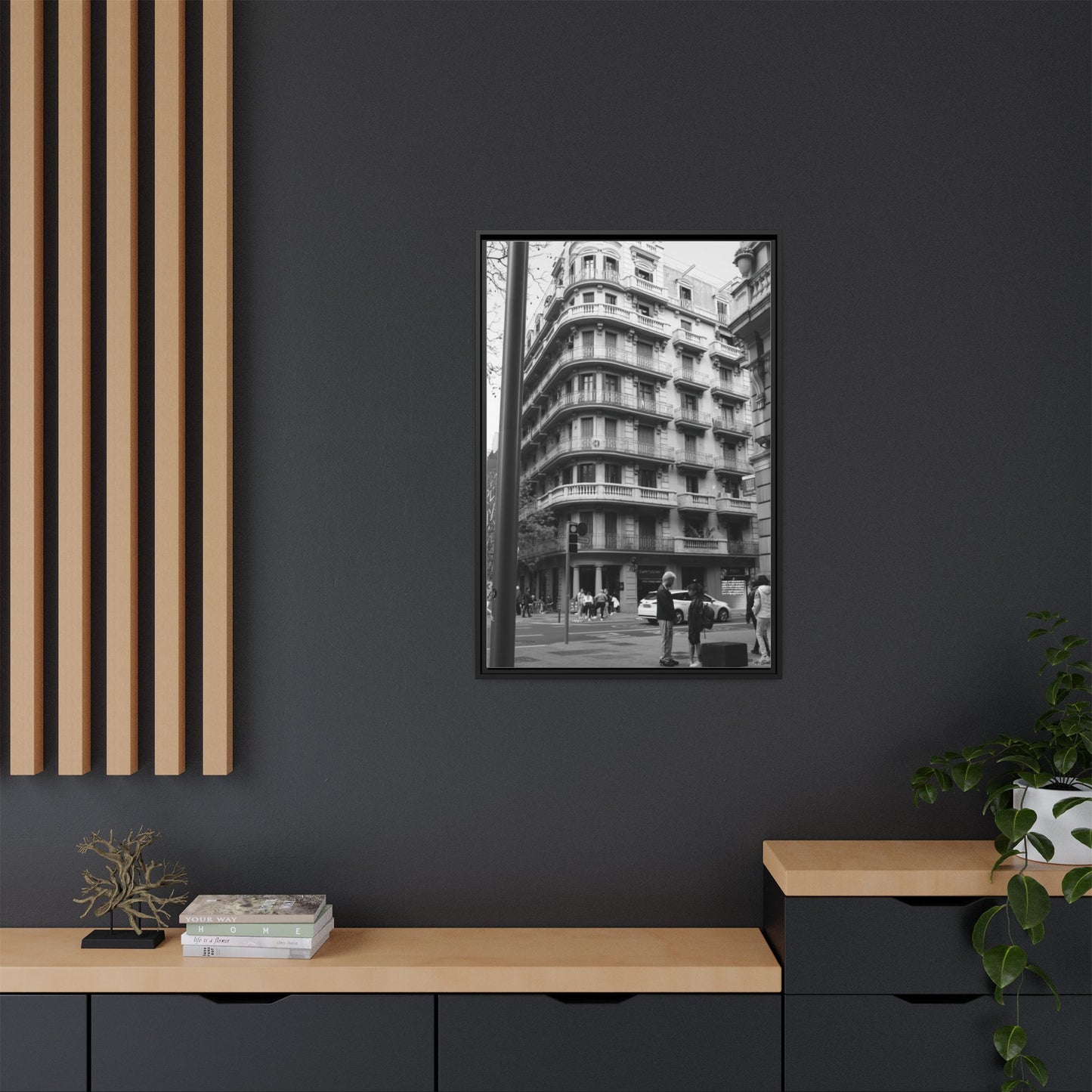 Street Corner Madrid, Matte Canvas, Black Frame
