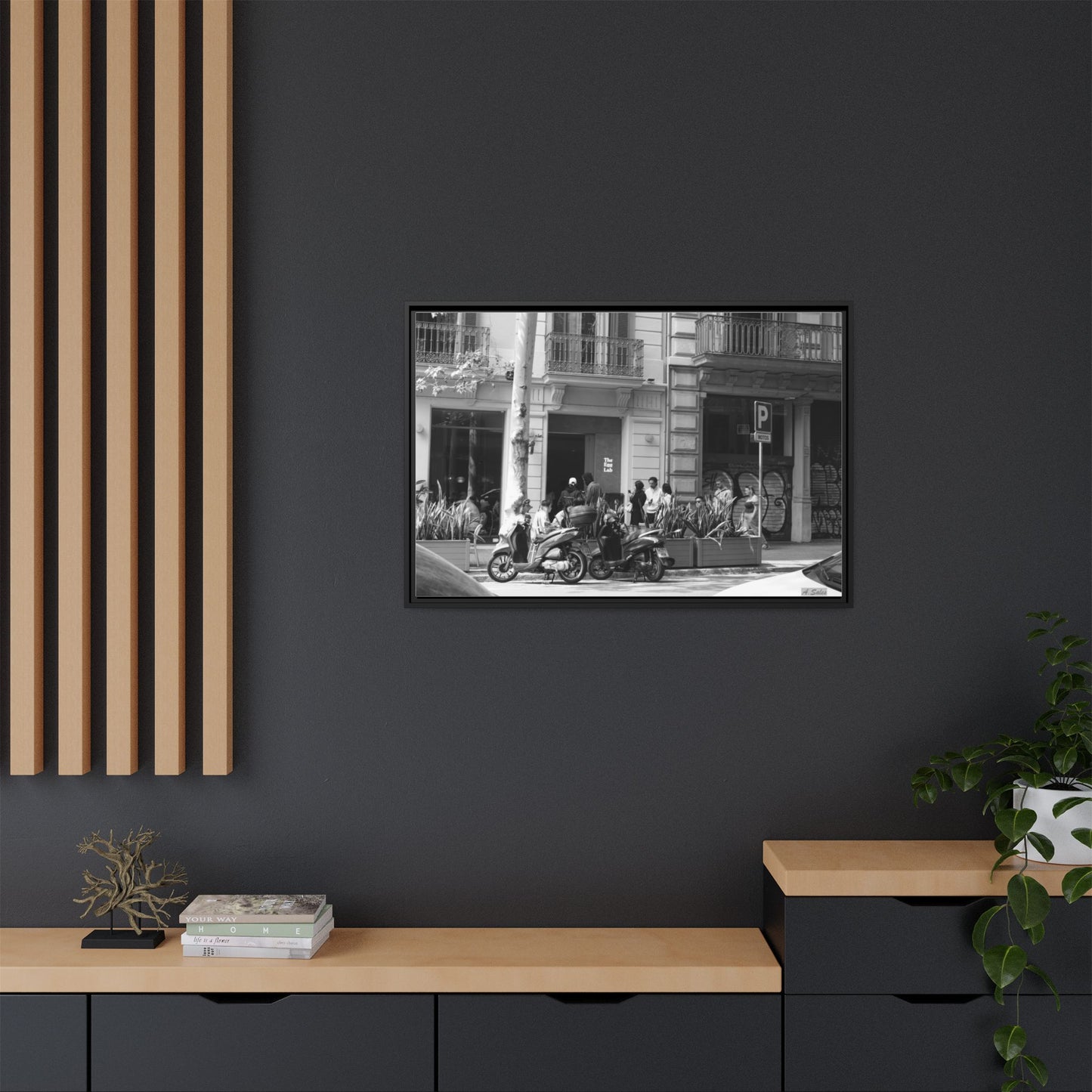Brunch Queue Barcelona, Matte Canvas, Black Frame