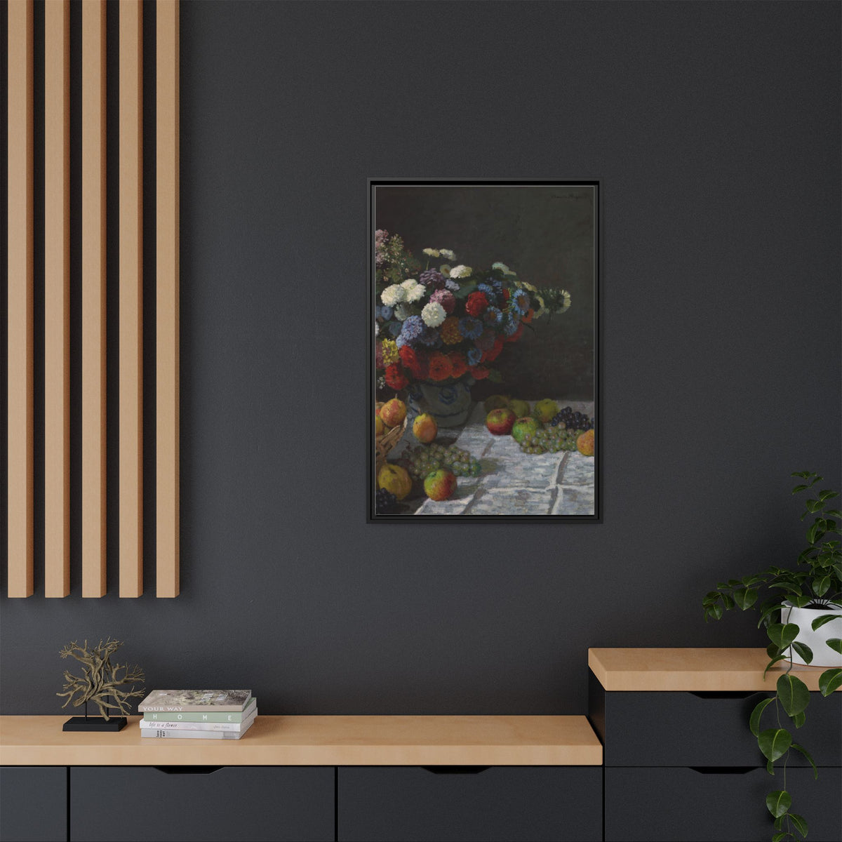 Still Life with Flowers and Fruit - Monet, Matte Canvas, Black Frame