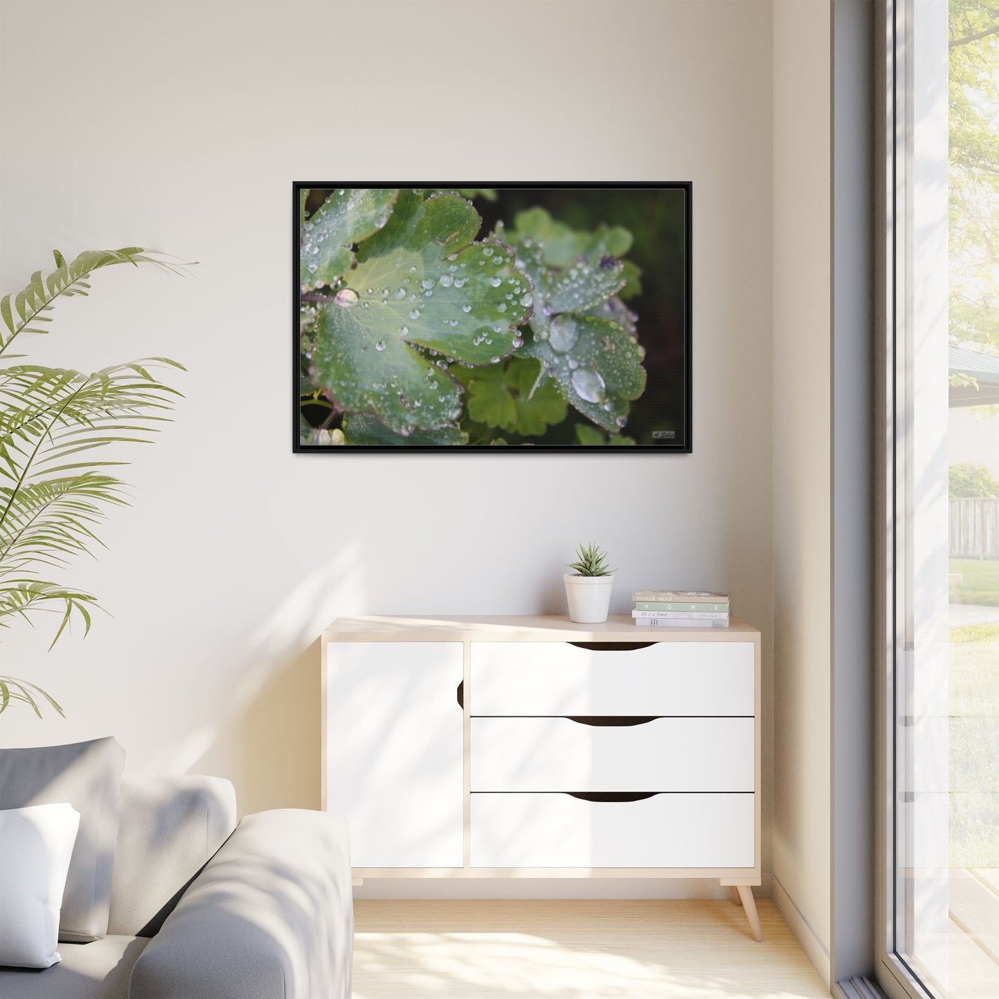 Water and Leaves, Matte Canvas, Black Frame