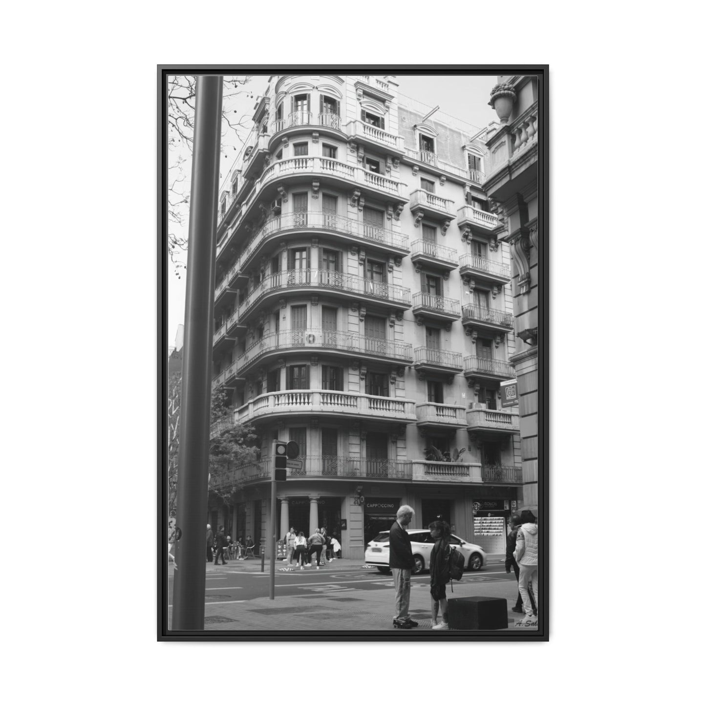 Street Corner Madrid, Matte Canvas, Black Frame