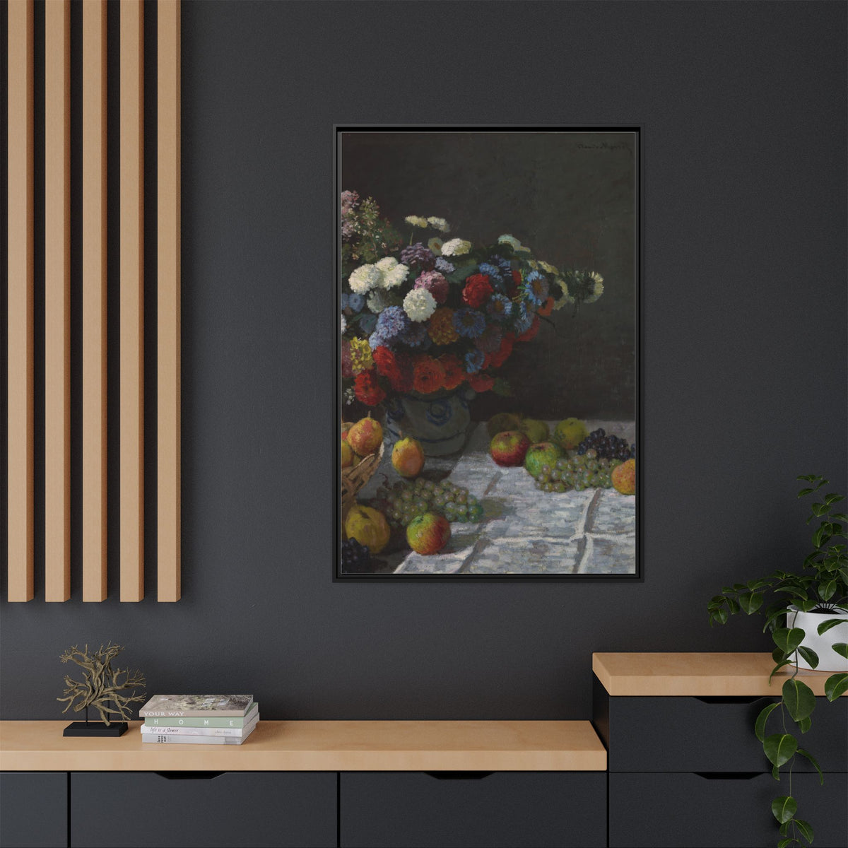 Still Life with Flowers and Fruit - Monet, Matte Canvas, Black Frame
