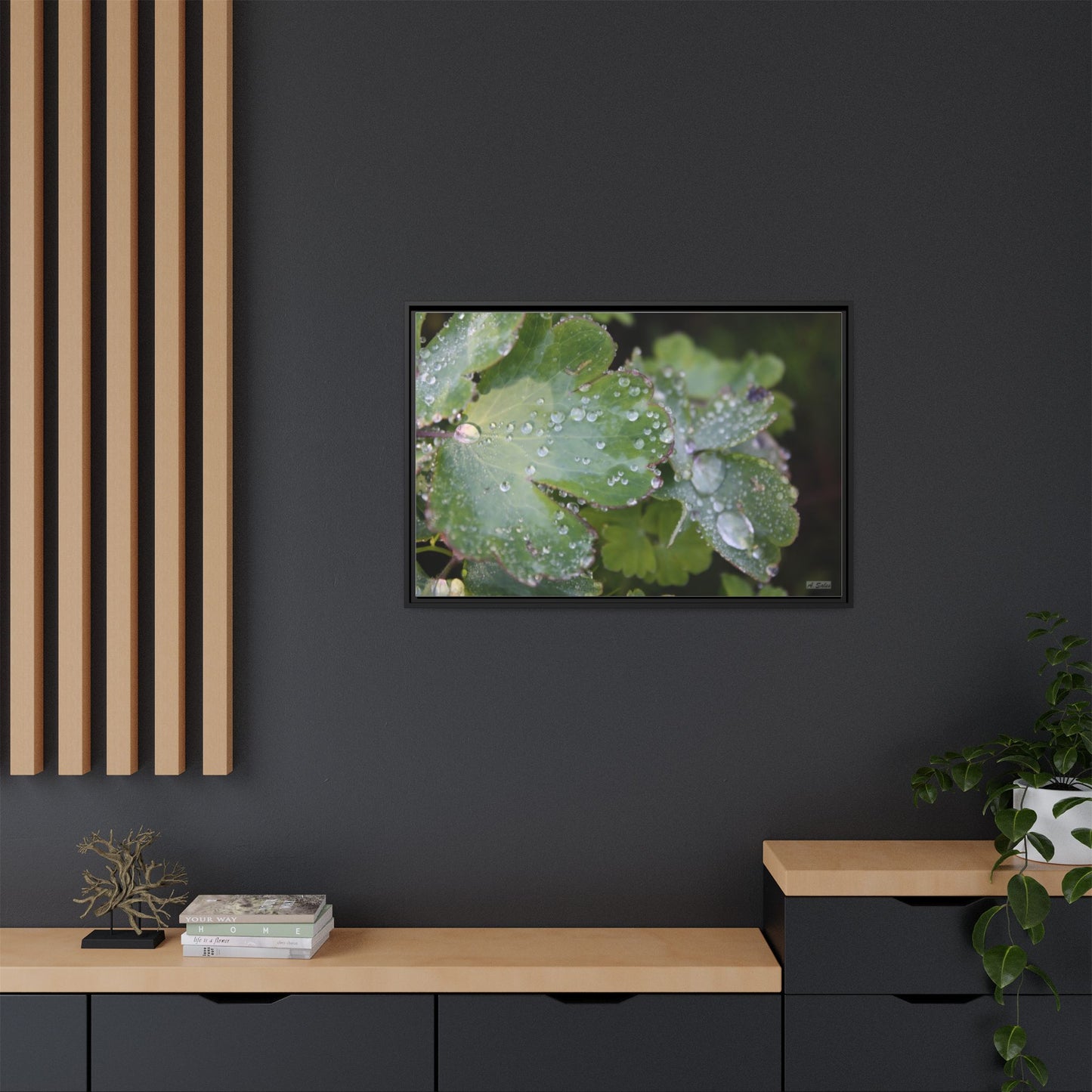 Water and Leaves, Matte Canvas, Black Frame