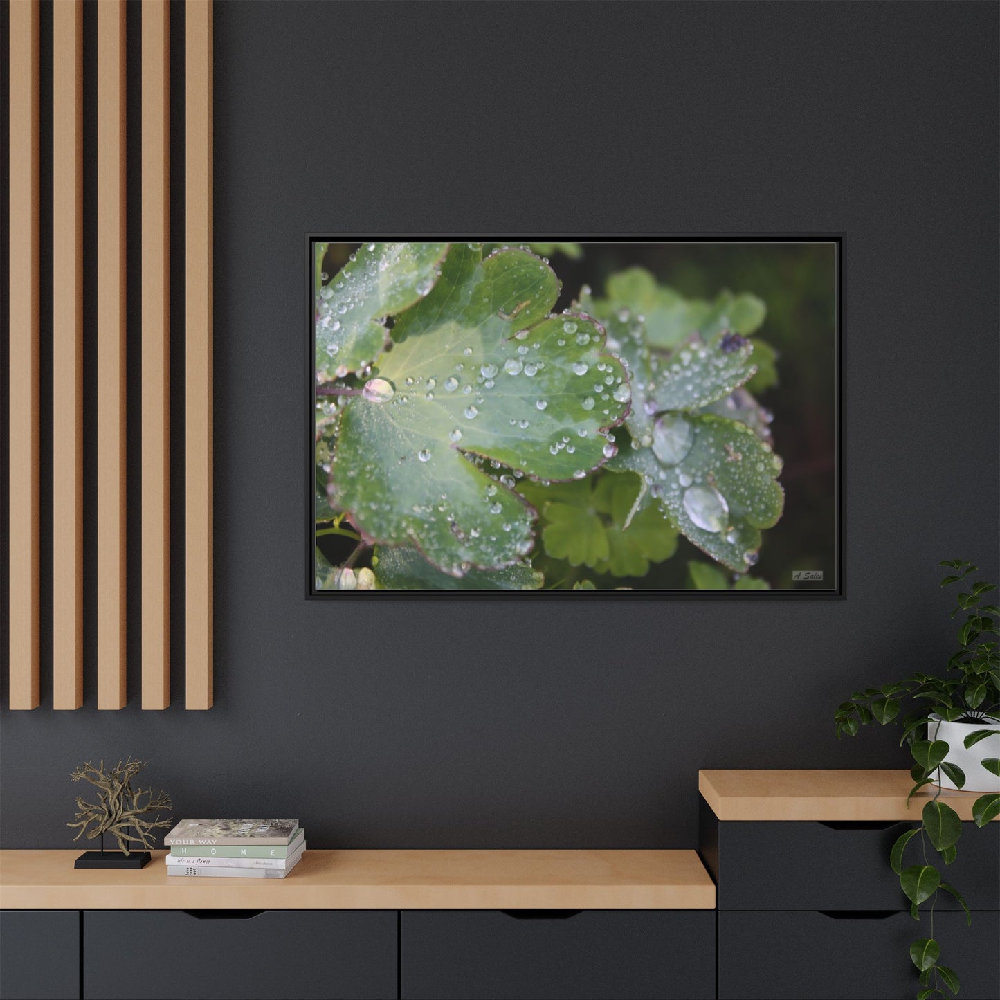Water and Leaves, Matte Canvas, Black Frame